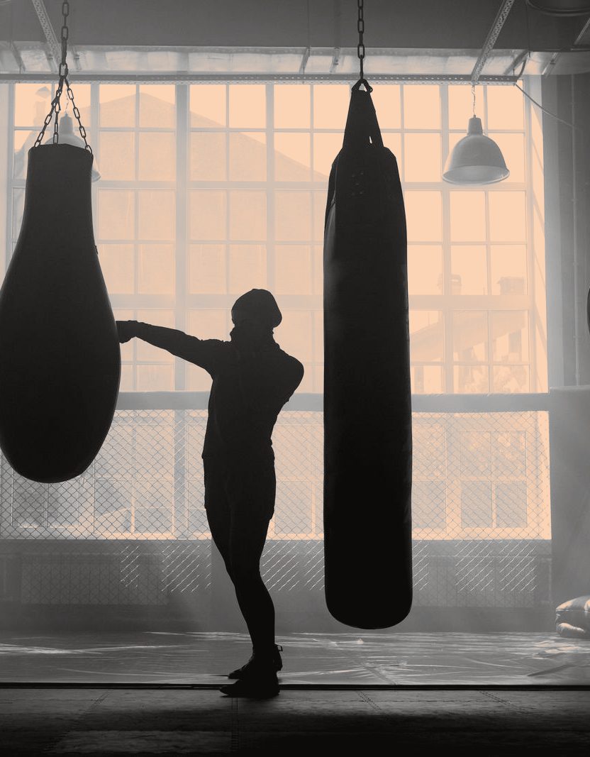 A boxer silhouetted against a gym window between two heavy bags