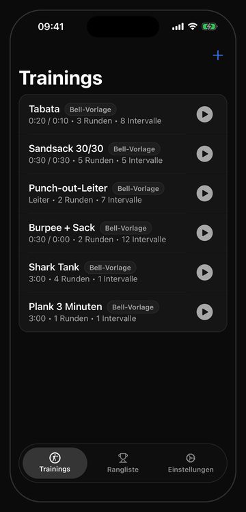 Der Trainings-Screen von Bell mit sechs fertigen Sacktrainings