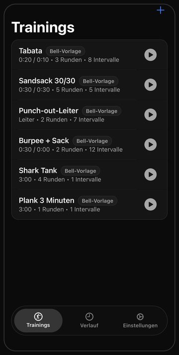 Der Trainings-Screen von Bell mit sechs fertigen Sacktrainings