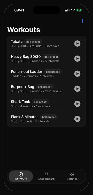 The Bell workouts screen with six ready-made bag sessions