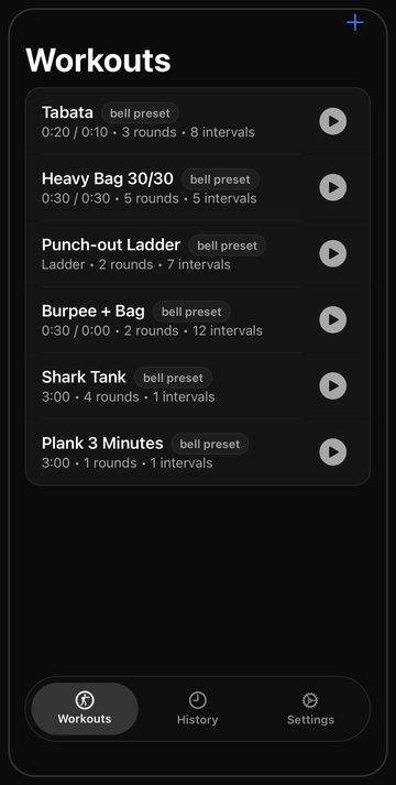 The Bell workouts screen with six ready-made bag sessions