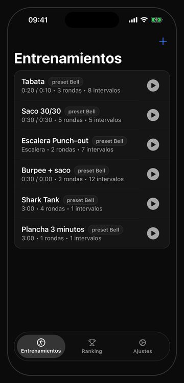 La pantalla de entrenamientos de Bell con seis sesiones de saco listas para usar