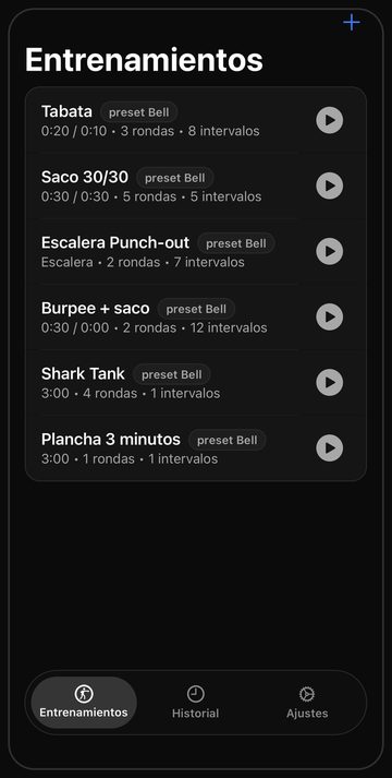 La pantalla de entrenamientos de Bell con seis sesiones de saco listas para usar