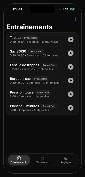 L'écran des entraînements de Bell avec six séances de sac prêtes à l'emploi