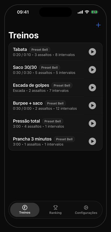 A tela de treinos do Bell com seis sessões de saco prontas