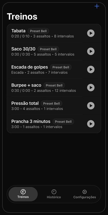 A tela de treinos do Bell com seis sessões de saco prontas
