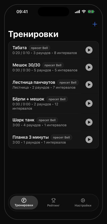 Экран тренировок: шесть готовых схем, у каждой указаны работа, отдых и раунды