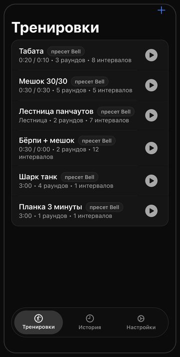 Экран тренировок: шесть готовых схем, у каждой указаны работа, отдых и раунды