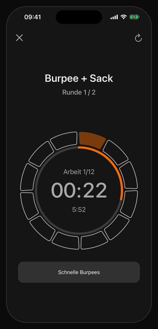 Der laufende Bell-Timer: Burpee + Sack, Runde 1 / 2, Arbeit 1/12, 00:22 auf der Uhr, darunter 5:52 und der Hinweis Schnelle Burpees