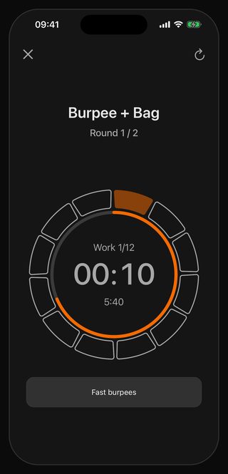 The Bell timer running Burpee + Bag: round 1 of 2, work interval 1 of 12, 10 seconds left, the cue underneath reading Fast burpees