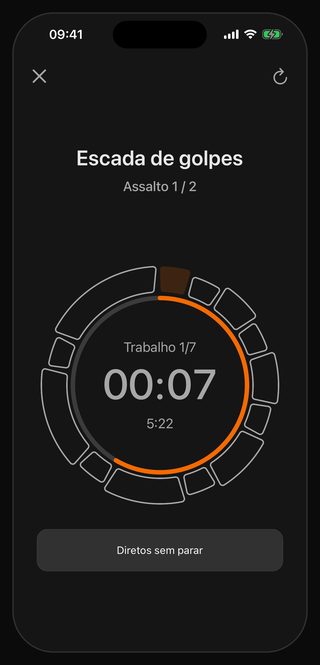 O timer do Bell rodando Escada de golpes: Assalto 1 / 2, Trabalho 1/7, 00:07 no relógio grande, 5:22 logo abaixo e, na faixa de baixo, Diretos sem parar