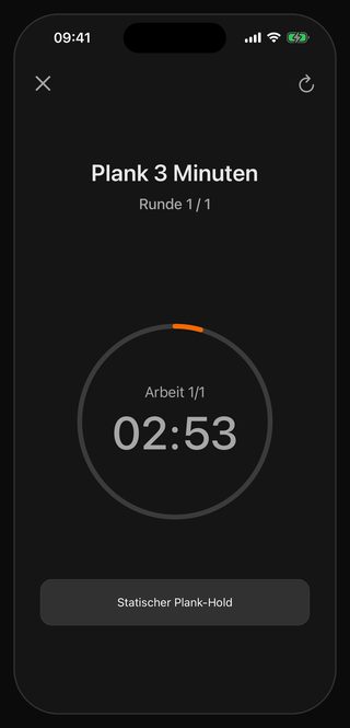 Der laufende Bell-Timer: Plank 3 Minuten, Runde 1 / 1, Arbeit 1/1, 02:53 auf der Uhr, darunter der Hinweis Statischer Plank-Hold