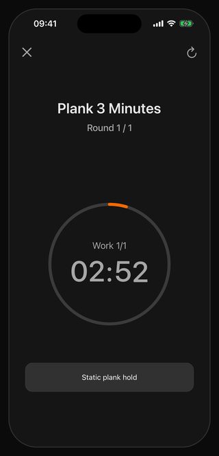 The Bell timer running Plank 3 Minutes: the one and only round, 2:52 left of the three-minute hold, the cue underneath reading Static plank hold
