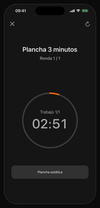 El temporizador de Bell en marcha: Plancha 3 minutos, Ronda 1 / 1, Trabajo 1/1, 02:51 en el centro y, al pie, Plancha estática