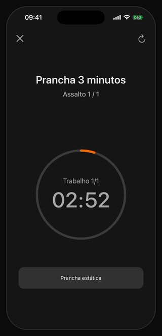 O timer do Bell rodando Prancha 3 minutos: Assalto 1 / 1, Trabalho 1/1, 02:52 no relógio grande e, na faixa de baixo, Prancha estática