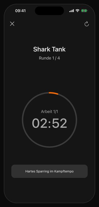 Der laufende Bell-Timer: Shark Tank, Runde 1 / 4, Arbeit 1/1, 02:52 auf der Uhr, darunter der Hinweis Hartes Sparring im Kampftempo
