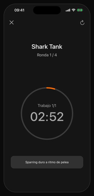 El temporizador de Bell en marcha: Shark Tank, Ronda 1 / 4, Trabajo 1/1, 02:52 en el centro y, al pie, Sparring duro a ritmo de pelea