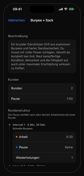 Das Einstellungsblatt von Bell für das Workout Burpee + Sack: Runden 2, Pause 1:00, darunter Intervall 1 · 0 Min. 30 Sek. mit dem Hinweis Schnelle Burpees, Arbeit 0:30, Pause Keine und einer Wiederholung