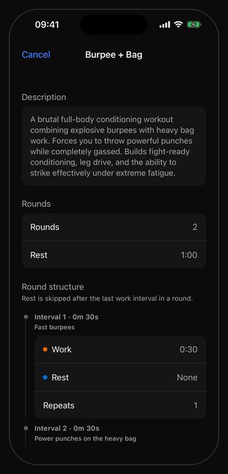 The Bell settings sheet for the Burpee + Bag preset: twelve 30-second intervals alternating burpees and bag work, two rounds