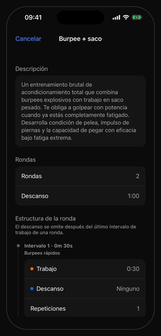 La pantalla de ajustes de Bell para Burpee + saco: Rondas 2, Descanso 1:00, y en la estructura de la ronda el Intervalo 1 · 0m 30s con Trabajo 0:30, Descanso Ninguno y Repeticiones 1, bajo la indicación Burpees rápidos