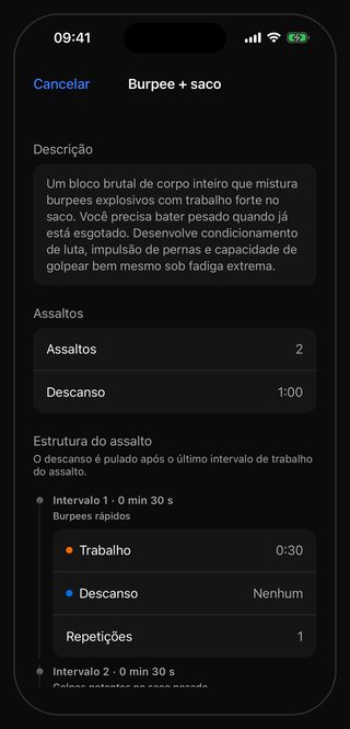 A tela de ajustes do Bell para o treino Burpee + saco: Assaltos 2, Descanso 1:00 e, na estrutura do assalto, Intervalo 1 · 0 min 30 s com a indicação Burpees rápidos, Trabalho 0:30, Descanso Nenhum e Repetições 1, e abaixo o Intervalo 2 · 0 min 30 s