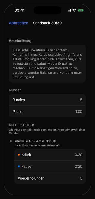 Das Einstellungsblatt von Bell für das Workout Sandsack 30/30: 5 Runden mit 1:00 Pause dazwischen, in jeder Runde fünf Intervalle Arbeit 0:30 und Pause 0:30