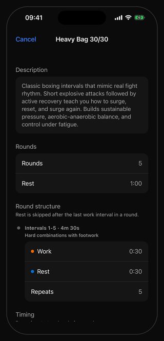 The Bell settings sheet for the Heavy Bag 30/30 preset: five rounds of five 30/30 intervals, a minute between rounds