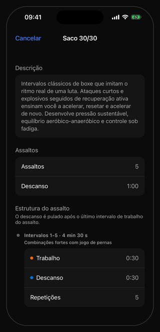 A tela de ajustes do Bell para Saco 30/30: Assaltos 5, Descanso 1:00 e, na estrutura do assalto, Intervalos 1-5 · 4 min 30 s com Trabalho 0:30, Descanso 0:30 e Repetições 5, sob a indicação Combinações fortes com jogo de pernas