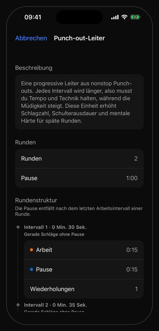 Das Einstellungsblatt von Bell für das Workout Punch-out-Leiter: Runden 2, Pause 1:00, darunter Intervall 1 · 0 Min. 30 Sek. mit Arbeit 0:15, Pause 0:15 und einer Wiederholung, angeschnitten Intervall 2 · 0 Min. 35 Sek.