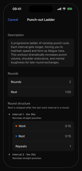 The Bell settings sheet for the Punch-out Ladder preset: seven intervals climbing from 15 seconds to a minute, two rounds