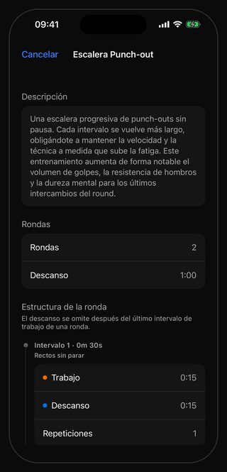 La pantalla de ajustes de Bell para Escalera Punch-out: Rondas 2, Descanso 1:00, y el primer peldaño de la estructura de la ronda, Intervalo 1 · 0m 30s, con Trabajo 0:15, Descanso 0:15 y Repeticiones 1, bajo la indicación Rectos sin parar