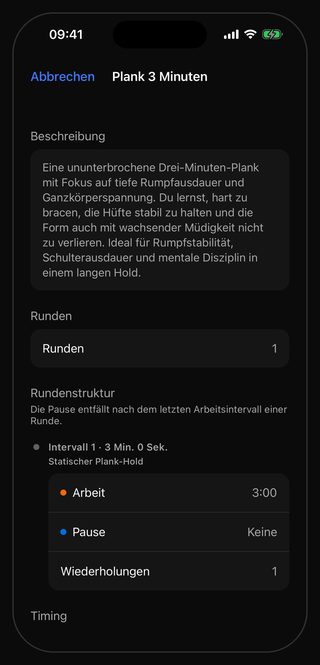 Das Einstellungsblatt von Bell für das Workout Plank 3 Minuten: Runden 1, darunter Intervall 1 · 3 Min. 0 Sek. mit dem Hinweis Statischer Plank-Hold, Arbeit 3:00, Pause Keine und einer Wiederholung