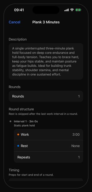 The Bell settings sheet for the Plank 3 Minutes preset: a single round of three minutes with no rest interval