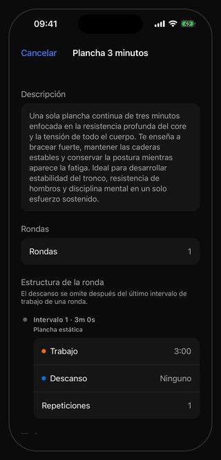 La pantalla de ajustes de Bell para Plancha 3 minutos: Rondas 1, sin fila de descanso entre rondas, y en la estructura de la ronda el Intervalo 1 · 3m 0s con Trabajo 3:00, Descanso Ninguno y Repeticiones 1, bajo la indicación Plancha estática