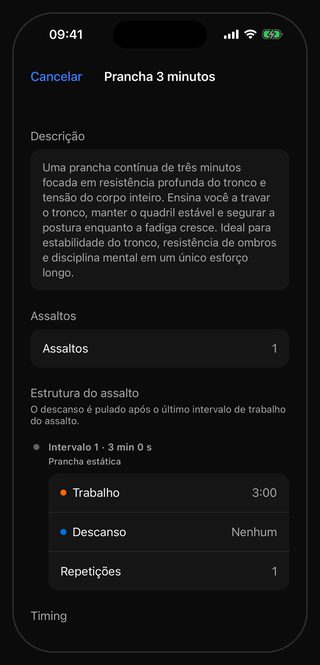 A tela de ajustes do Bell para o treino Prancha 3 minutos: Assaltos 1 e, na estrutura do assalto, Intervalo 1 · 3 min 0 s com a indicação Prancha estática, Trabalho 3:00, Descanso Nenhum e Repetições 1