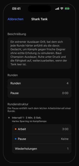 Das Einstellungsblatt von Bell für das Workout Shark Tank: Runden 4, Pause 0:00, darunter Intervall 1 · 3 Min. 0 Sek. mit dem Hinweis Hartes Sparring im Kampftempo, Arbeit 3:00, Pause Keine und einer Wiederholung