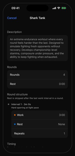 The Bell settings sheet for the Shark Tank preset: four rounds of three minutes with no rest between them