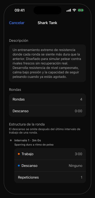 La pantalla de ajustes de Bell para Shark Tank: Rondas 4, Descanso 0:00, y en la estructura de la ronda el Intervalo 1 · 3m 0s con Trabajo 3:00, Descanso Ninguno y Repeticiones 1, bajo la indicación Sparring duro a ritmo de pelea