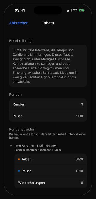 Das Einstellungsblatt von Bell für das Workout Tabata: Runden 3, Pause 1:00, in der Rundenstruktur Intervalle 1-8 · 3 Min. 50 Sek. mit Arbeit 0:20, Pause 0:10 und 8 Wiederholungen