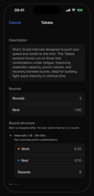 The Bell settings sheet for the Tabata preset: three rounds of eight 20-second work and 10-second rest intervals, one minute between rounds