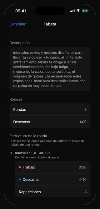 La pantalla de ajustes de Bell para Tabata: Rondas 3, Descanso 1:00, y en la estructura de la ronda los intervalos 1-8 · 3m 50s con Trabajo 0:20, Descanso 0:10 y Repeticiones 8, bajo la indicación Combinaciones rápidas sin parar