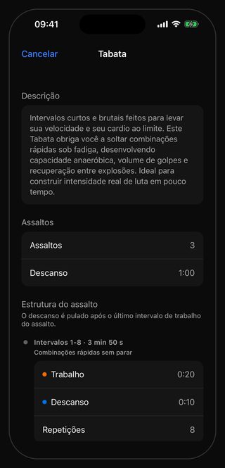 A tela de ajustes do Bell para o treino Tabata: Assaltos 3, Descanso 1:00 e, na estrutura do assalto, Intervalos 1-8 · 3 min 50 s com Trabalho 0:20, Descanso 0:10 e Repetições 8